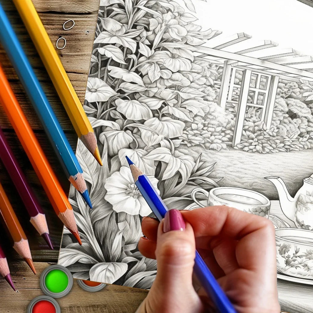 Tea in the Gardens Adult Coloring Book | 16 Style Options | Relaxing Art