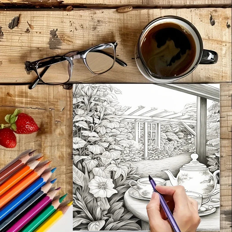 Tea in the Gardens Adult Coloring Book | 16 Style Options | Relaxing Art