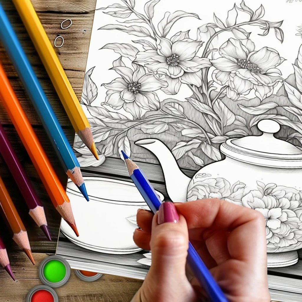 Tea in the Gardens Adult Coloring Book | 16 Style Options | Relaxing Art